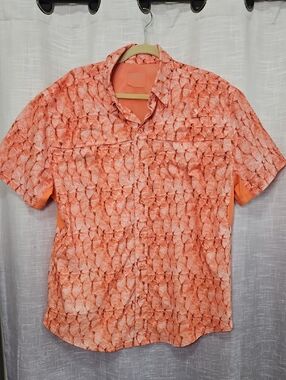 Reel Legends Short-Sleeve Button-Down Shirt in Coral Orange Print
